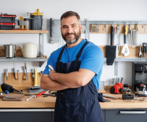 Professional appliance repair workshop with tools and equipment