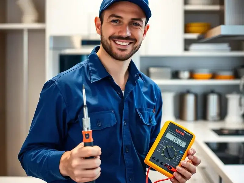 Professional appliance repair technician working on a modern kitchen appliance