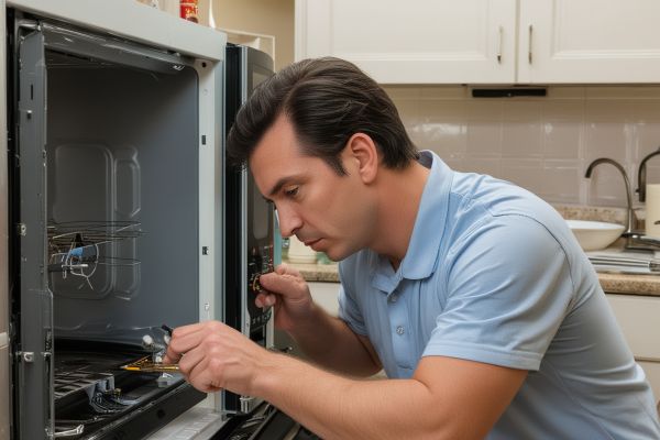 Microwave repair service technician examining appliance