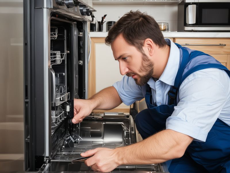 Professional appliance repair technician working on kitchen appliances