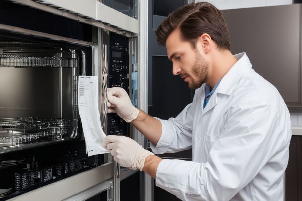 Professional microwave repair service with technician using diagnostic equipment