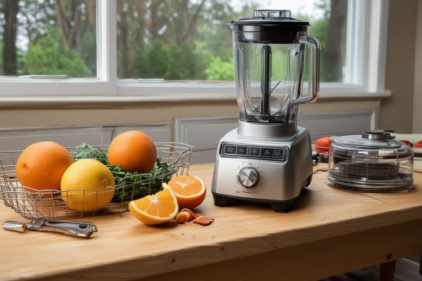 Blender and food processor parts repair on workbench with tools