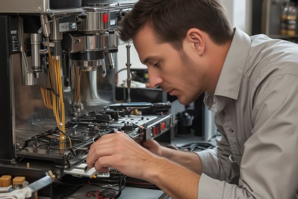 Coffee maker repair technician examining internal components and heating elements